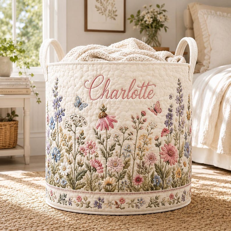 Personalized Boho Floral Quilted Laundry Basket, Custom Name Foldable Storage Hamper, Flower Nursery Bin