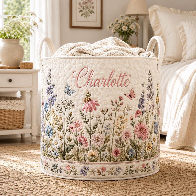 Personalized Boho Floral Quilted Laundry Basket, Custom Name Foldable Storage Hamper, Flower Nursery Bin