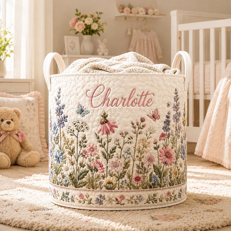 Personalized Boho Floral Quilted Laundry Basket, Custom Name Foldable Storage Hamper, Flower Nursery Bin
