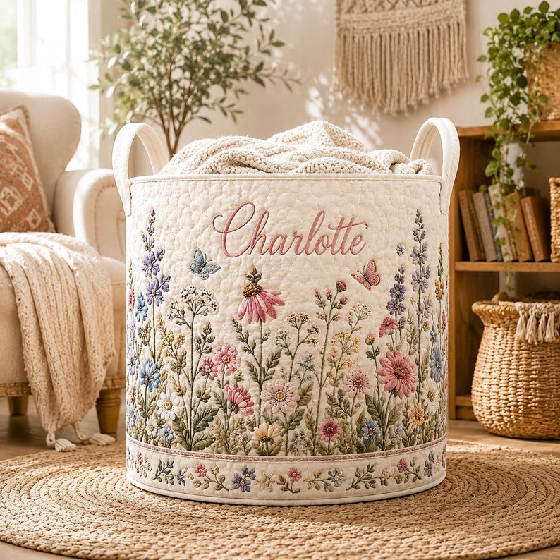 Personalized Boho Floral Quilted Laundry Basket, Custom Name Foldable Storage Hamper, Flower Nursery Bin