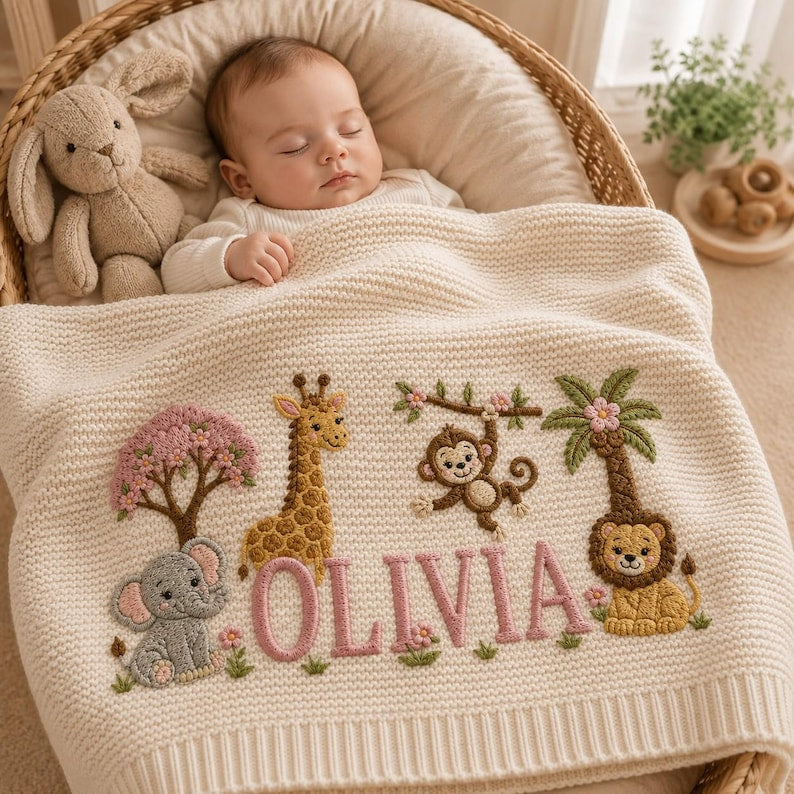 Personalized Safari Animals Baby Blanket Name, Custom Embroidered Elephant Lion Baby Blanket