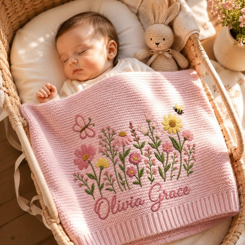 Personalized Wildflower Baby Blanket Name, Custom Embroidered Floral Butterfly Baby Shower Gift