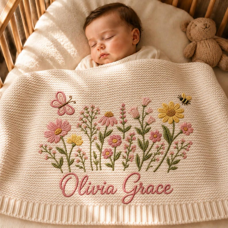 Personalized Wildflower Baby Blanket Name, Custom Embroidered Floral Butterfly Baby Shower Gift
