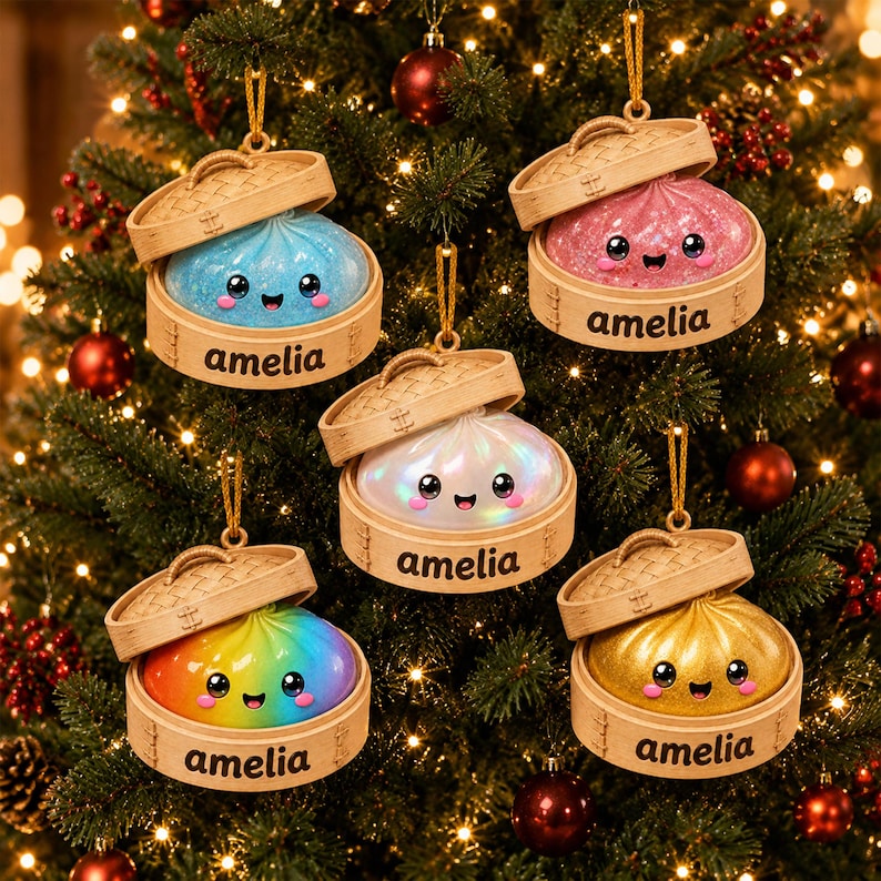 Personalized Glitter Dumpling Ornament, Acrylic Squishy Style Christmas Ornament, Custom Name Ornament