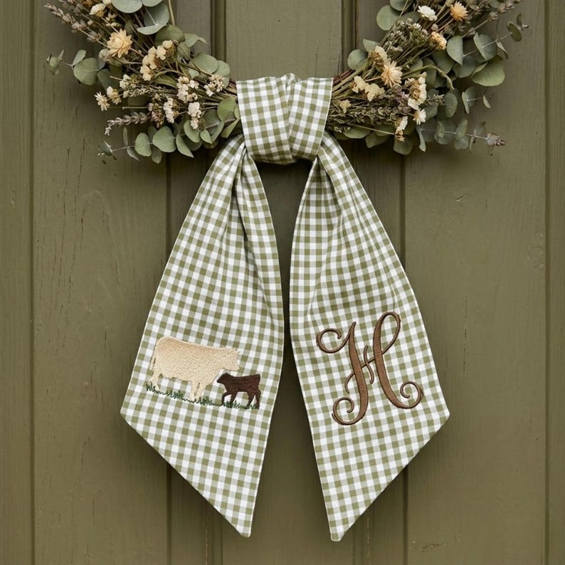 Personalized Cow Calf Gingham Wreath Sash, Embroidered Farmhouse Door Decor