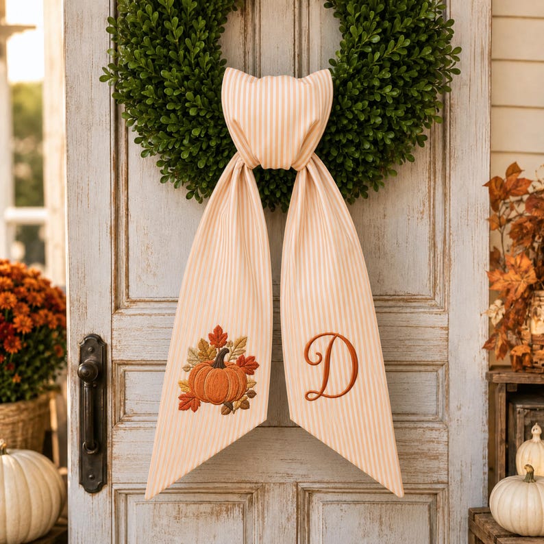 Personalized Pumpkin Wreath Sash, Embroidered Autumn Leaves Door Bow