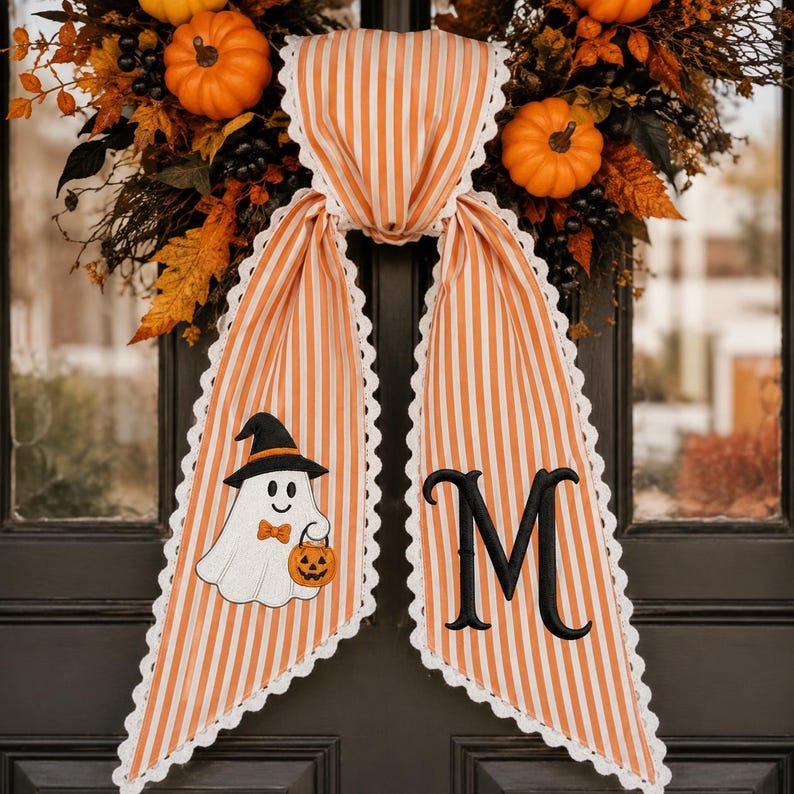Personalized Ghost Halloween Wreath Sash, Monogram Door Bow, Pumpkin Decor
