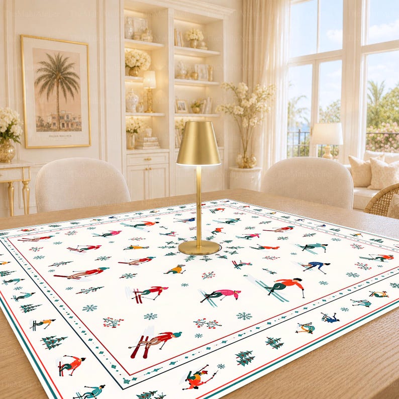 Winter Apres Ski Mahjong Mat, Vintage Skiers Non-Slip Table Cover, Alpine Winter Game Mat Gift