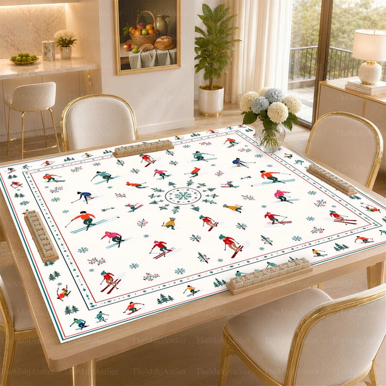 Winter Apres Ski Mahjong Mat, Vintage Skiers Non-Slip Table Cover, Alpine Winter Game Mat Gift