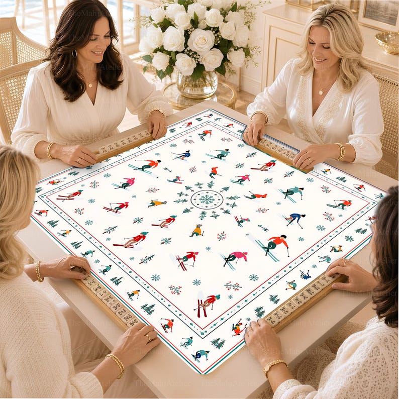 Winter Apres Ski Mahjong Mat, Vintage Skiers Non-Slip Table Cover, Alpine Winter Game Mat Gift