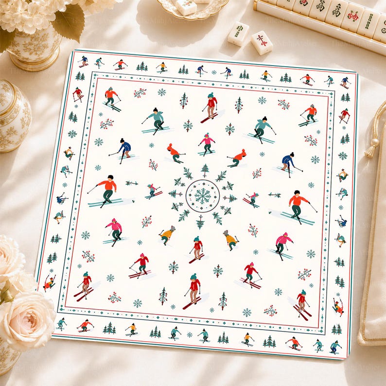 Winter Apres Ski Mahjong Mat, Vintage Skiers Non-Slip Table Cover, Alpine Winter Game Mat Gift