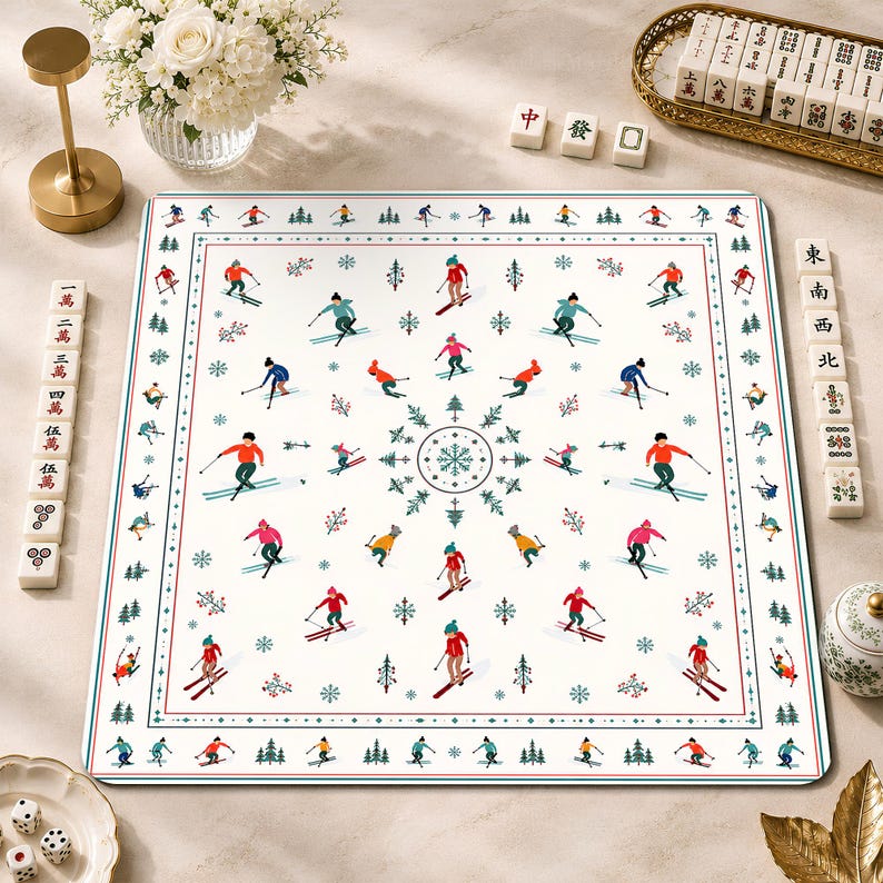 Winter Apres Ski Mahjong Mat, Vintage Skiers Non-Slip Table Cover, Alpine Winter Game Mat Gift