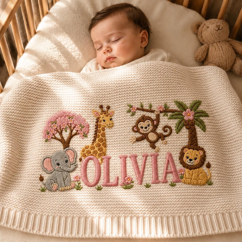 Personalized Safari Animals Baby Blanket Name, Custom Embroidered Elephant Lion Baby Blanket