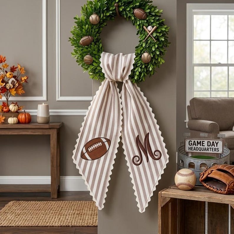 Personalized Football Embroidery Sash, Custom Monogram Fall Wreath Sash, Home Run Season Wreath Bow, Farmhouse Porch Decor