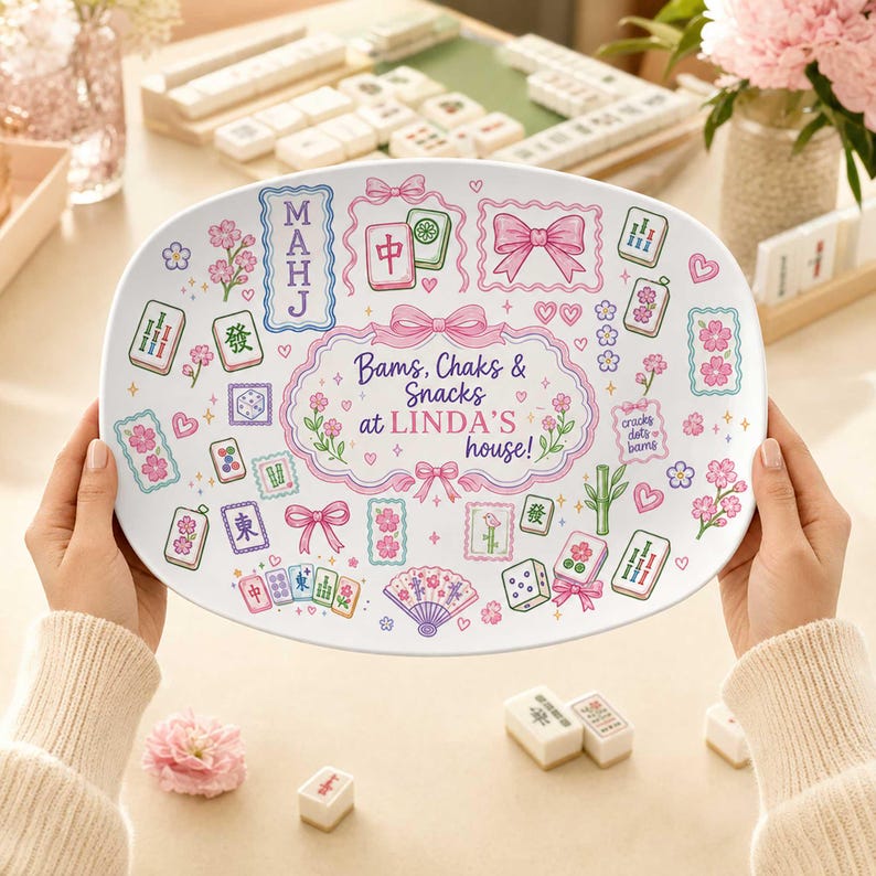 Personalized Mahjong Platter, Custom Name Mahjong Serving Tray, Mahjong Hostess Gift, Bams Craks Snacks Plate