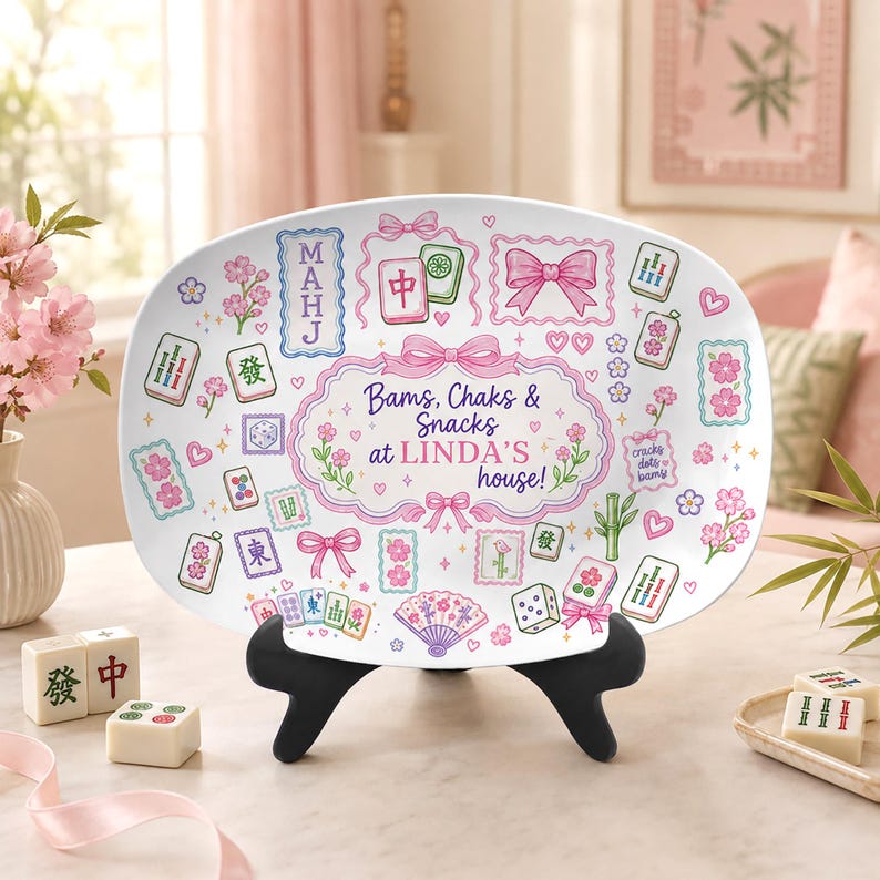 Personalized Mahjong Platter, Custom Name Mahjong Serving Tray, Mahjong Hostess Gift, Bams Craks Snacks Plate