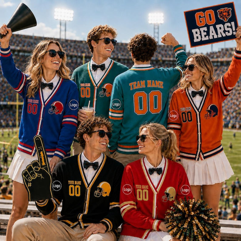 Personalized Football Team Cardigan, Custom Logo Varsity Sweater, Game Day Name Number Knitwear, Mascot Sports Gift