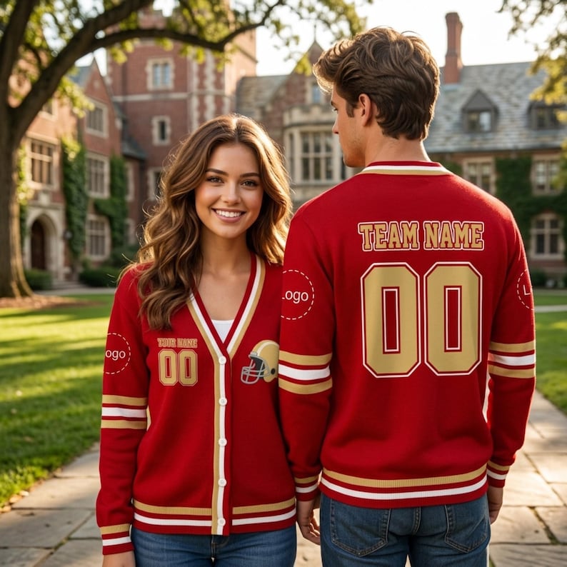 Personalized Football Team Cardigan, Custom Logo Varsity Sweater, Game Day Name Number Knitwear, Mascot Sports Gift