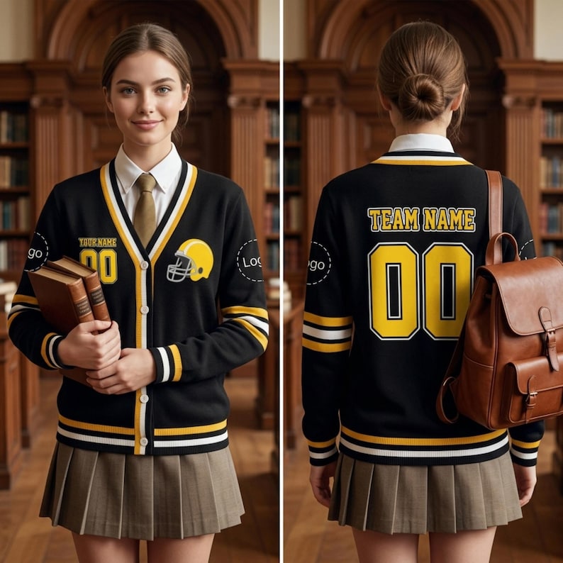 Personalized Football Team Cardigan, Custom Logo Varsity Sweater, Game Day Name Number Knitwear, Mascot Sports Gift