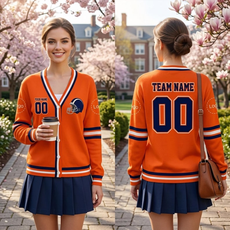 Personalized Football Team Cardigan, Custom Logo Varsity Sweater, Game Day Name Number Knitwear, Mascot Sports Gift