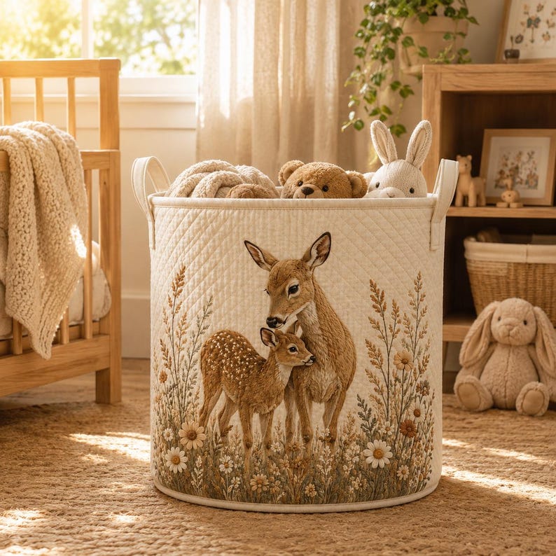 Woodland Deer Laundry Basket, Fawn Nursery Storage Bin, Baby Shower Gift, Forest Animal Toy Hamper, Boho Nursery Decor