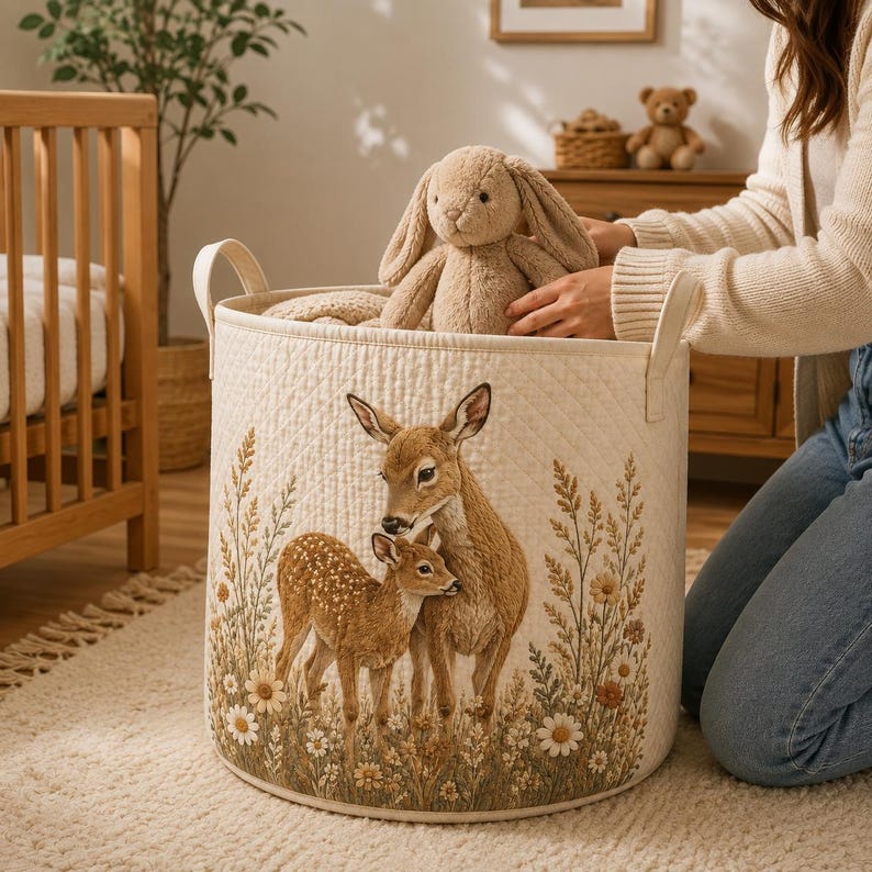 Woodland Deer Laundry Basket, Fawn Nursery Storage Bin, Baby Shower Gift, Forest Animal Toy Hamper, Boho Nursery Decor