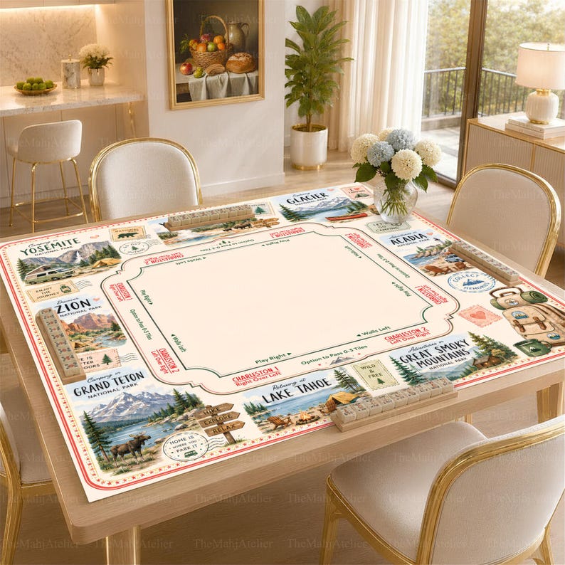 National Park Mahjong Mat, Outdoor Adventure American Mah Jongg Table Cover, Camping Lover Gift