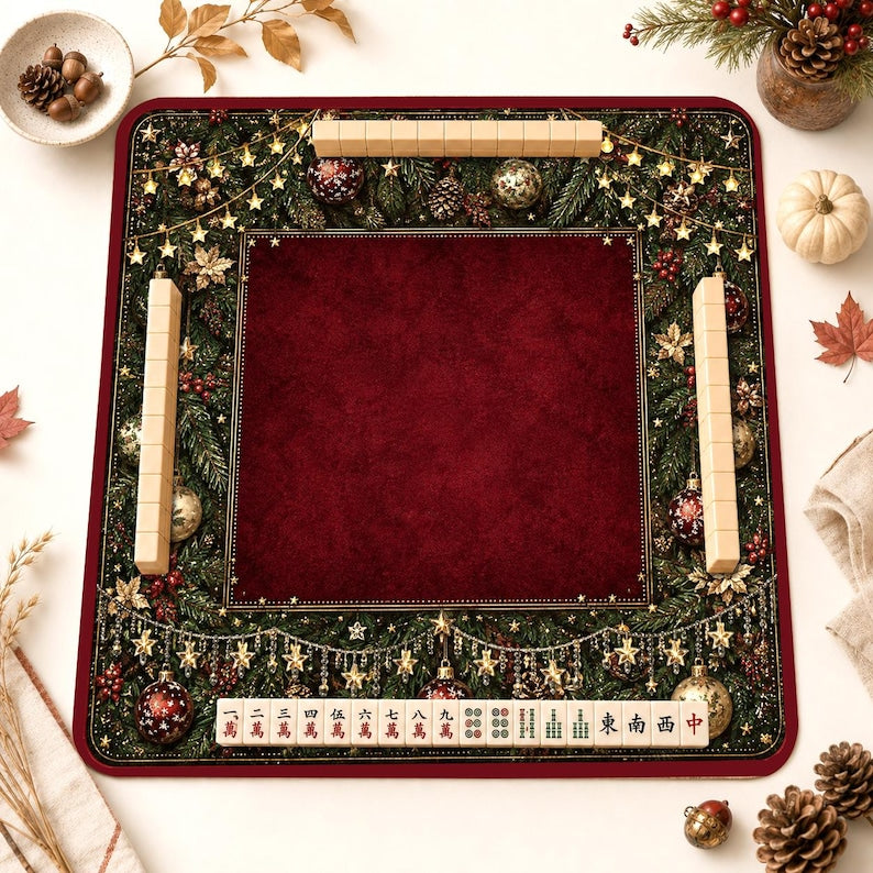 Personalized Burgundy Christmas Mahjong Mat, Elegant Holiday Table Cover, Pine Garland Gold Star Game Night Mat