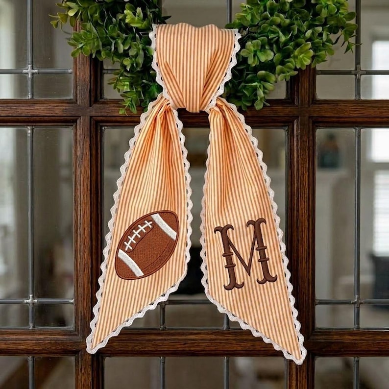Custom Monogram Football Wreath Sash, Personalized Initial Door Decor, Game Day Ribbon Bow, Fall Football Mom Gift
