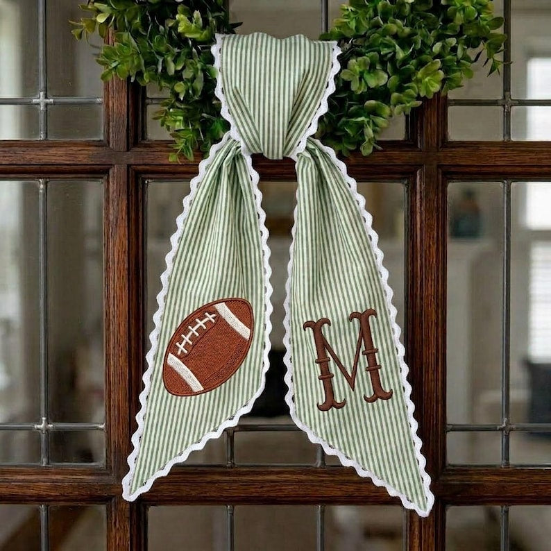 Custom Monogram Football Wreath Sash, Personalized Initial Door Decor, Game Day Ribbon Bow, Fall Football Mom Gift
