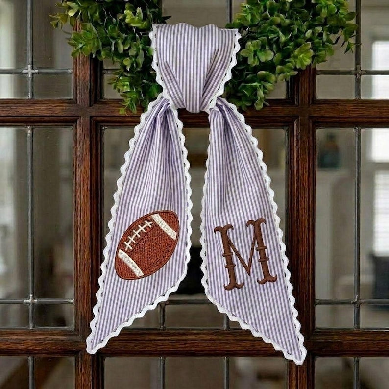 Custom Monogram Football Wreath Sash, Personalized Initial Door Decor, Game Day Ribbon Bow, Fall Football Mom Gift
