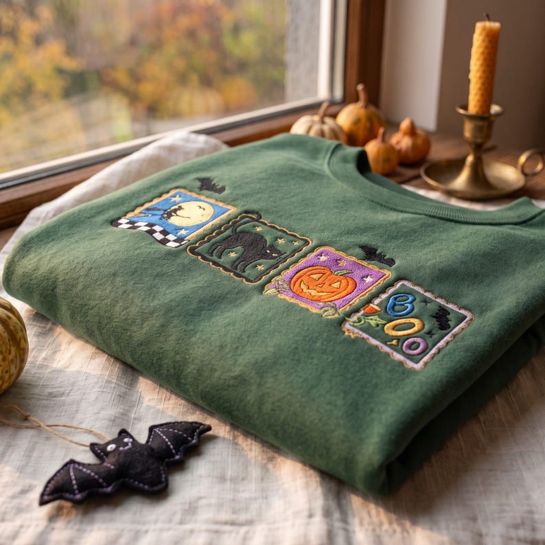 Embroidered Retro Halloween Sweatshirt, Vintage Spooky Season Crewneck, Pumpkin Ghost Black Cat Fall Graphic Gift