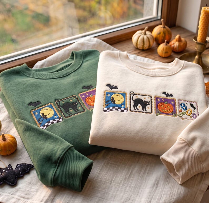 Embroidered Retro Halloween Sweatshirt, Vintage Spooky Season Crewneck, Pumpkin Ghost Black Cat Fall Graphic Gift