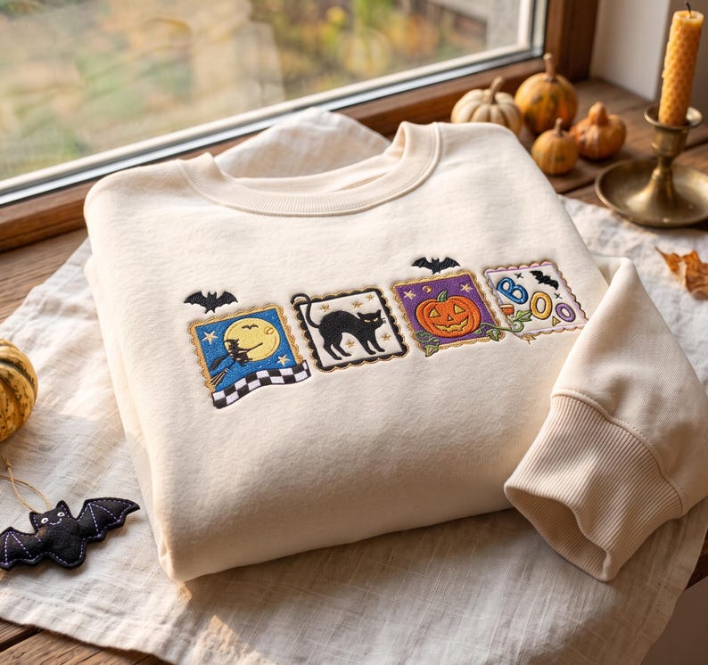 Embroidered Retro Halloween Sweatshirt, Vintage Spooky Season Crewneck, Pumpkin Ghost Black Cat Fall Graphic Gift