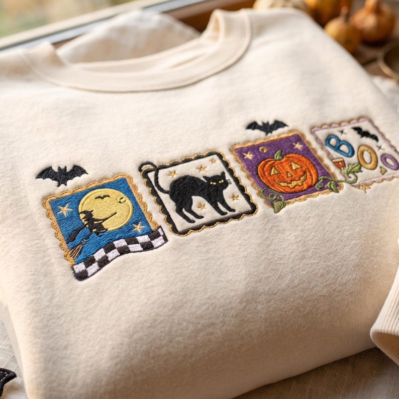 Embroidered Retro Halloween Sweatshirt, Vintage Spooky Season Crewneck, Pumpkin Ghost Black Cat Fall Graphic Gift