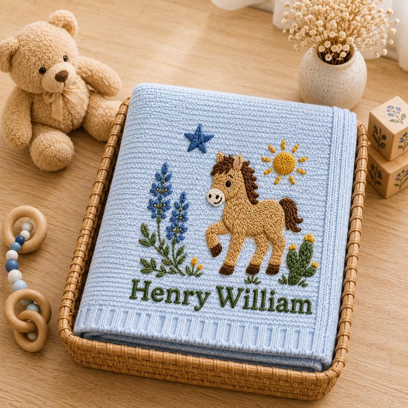 Personalized Knit Western Horse Baby Blanket Name, Custom Embroidered Golden Sun Baby Shower Gift, Gift for Baby Boy