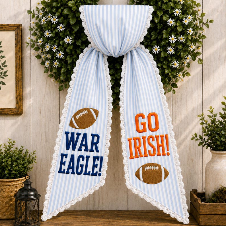 House Divided Wreath Sash, Personalized Football Striped Door Bow, Custom University Sash, Sports Team College Fan Decor