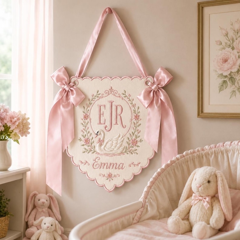 Personalized Swan Baby Crib Banner, Custom Embroidered Monogram Name Sign, Floral Nursery Hanging Decor