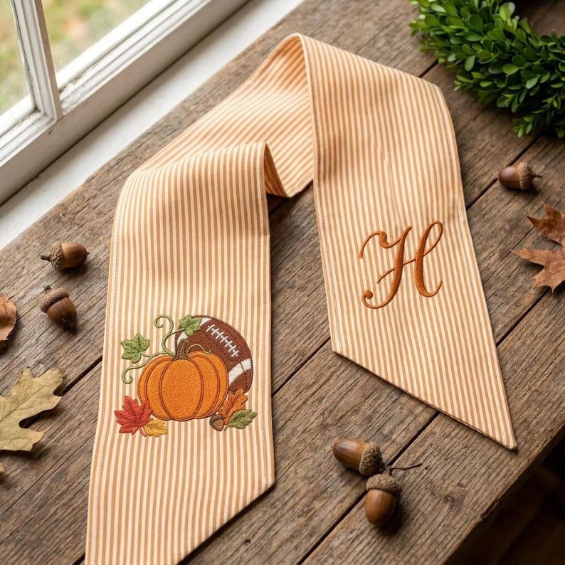 Embroidered Pumpkin Football Monogram Wreath Sash, Fall Door Decor Ribbon