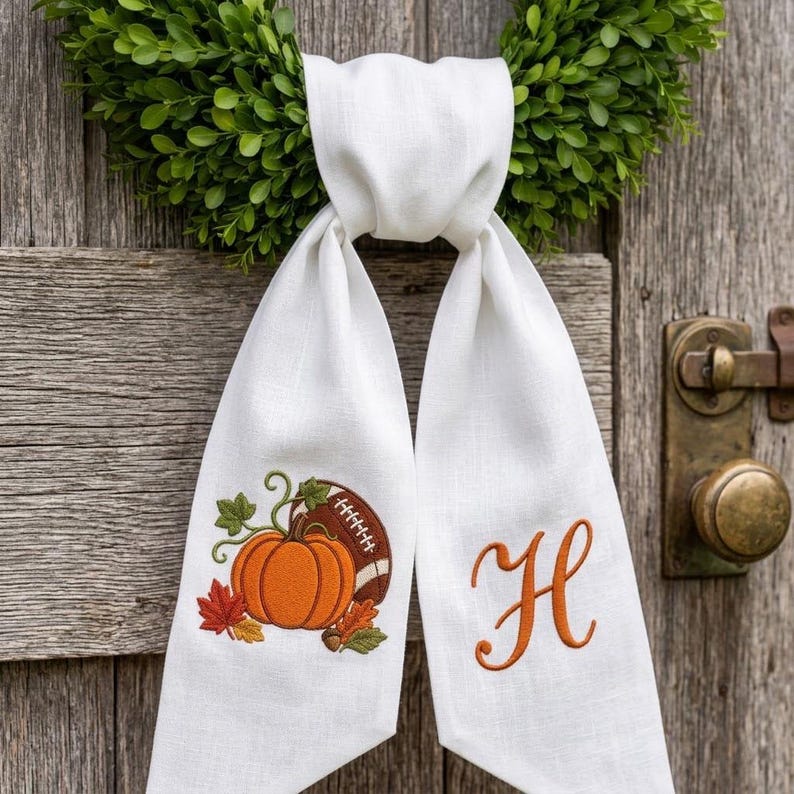 Embroidered Pumpkin Football Monogram Wreath Sash, Fall Door Decor Ribbon