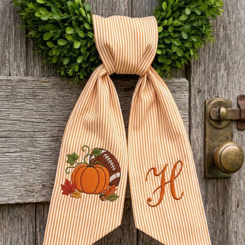 Embroidered Pumpkin Football Monogram Wreath Sash, Fall Door Decor Ribbon