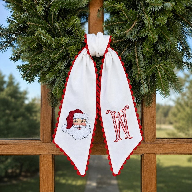 Personalized Christmas Wreath Sash, Stripe Santa Monogram Bow, Custom Initial Holiday Door Decor, Christmas Gift