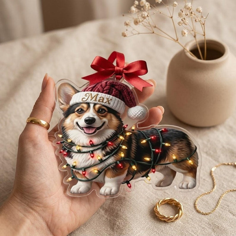 Personalized Corgi Dog Christmas Ornament, Custom Pet Name Keepsake Decoration
