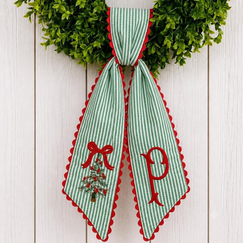 Personalized Christmas Tree Wreath Sash, Custom Embroidered Monogram, Green Stripe Holiday Door Bow