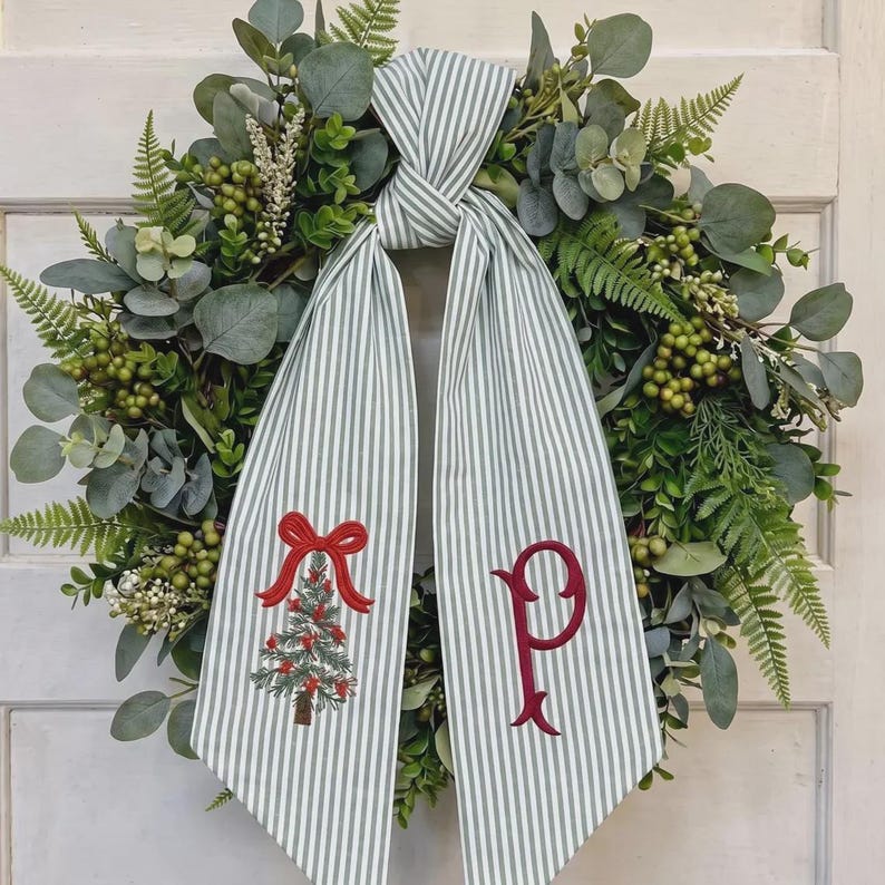 Personalized Christmas Tree Wreath Sash, Custom Embroidered Monogram, Green Stripe Holiday Door Bow