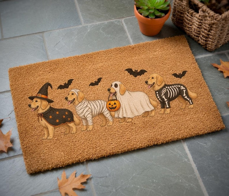 Halloween Golden Dog Coir Doormat, Golden Dog Coir Welcome Mat, Fall Front Porch Decor, Funny Fall Porch Decor