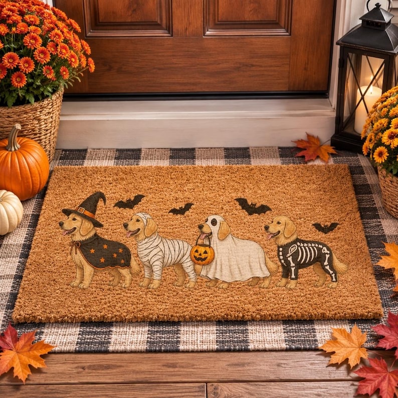 Halloween Golden Dog Coir Doormat, Golden Dog Coir Welcome Mat, Fall Front Porch Decor, Funny Fall Porch Decor
