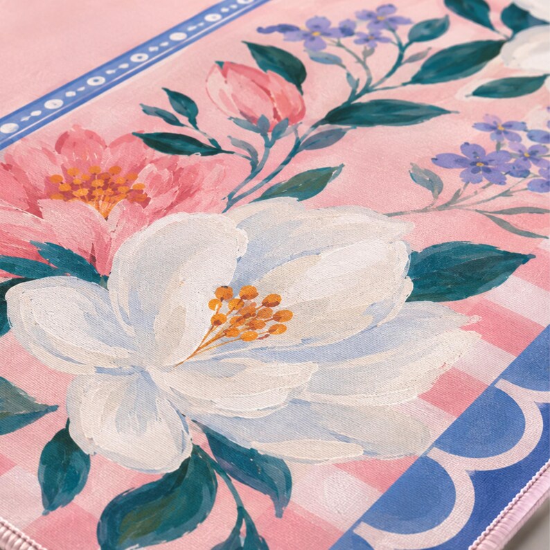 Pink Camellia Mahjong Mat, American Mahjong Mat, Blue Scalloped Floral Garden, Grandmillennial Mahjong Gift