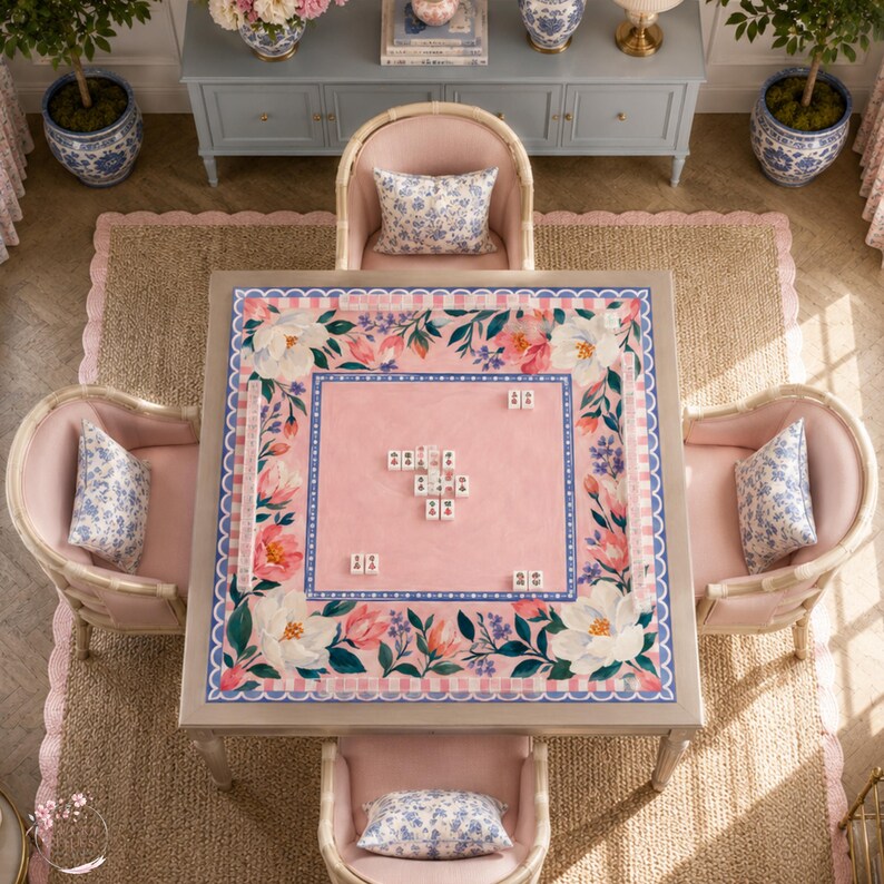 Pink Camellia Mahjong Mat, American Mahjong Mat, Blue Scalloped Floral Garden, Grandmillennial Mahjong Gift