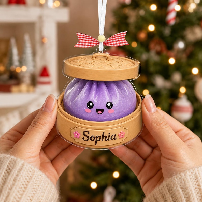 Personalized Glitter Squishy Dumpling Ornament, Custom Name Acrylic Steamer, Kids Foodie Xmas Gift